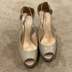 Beige platform open toe heels